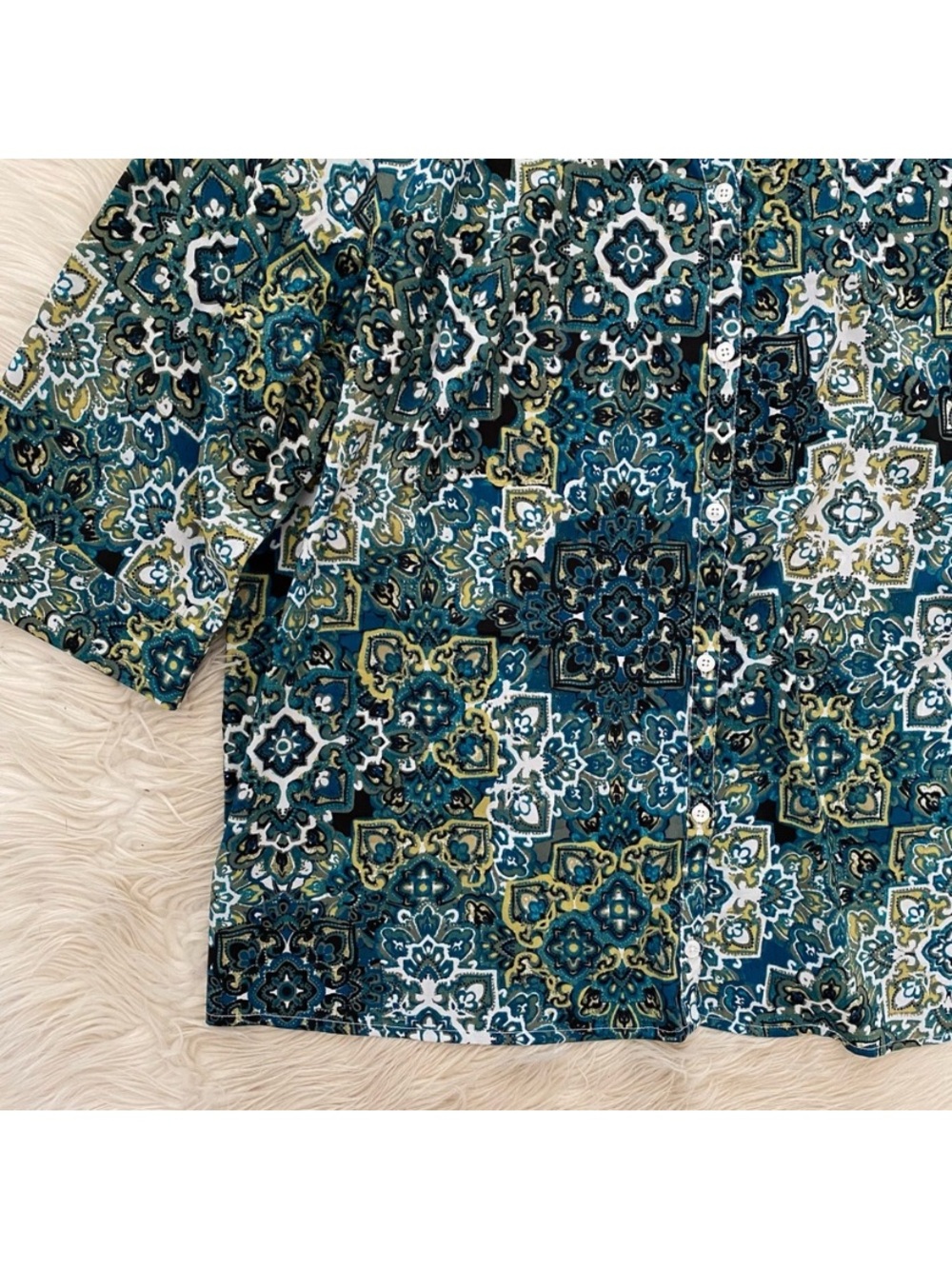 Catherines Timeless Blouse Deep Teal Tile Paisley Blue Green Button Up Shirt 2X - Picture 4 of 10